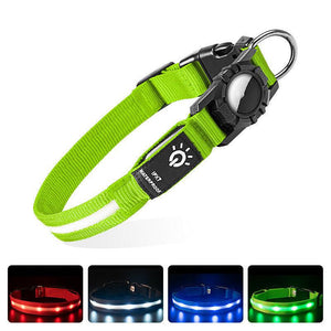 Pet collar for GPS locator in green with adjustable strap and reflective stitching, fits most devices, features a secure buckle, and is water-resistant.