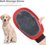 Pet bathing glove for dog washing and hair removal with silicone bristles, shown alongside a dog.