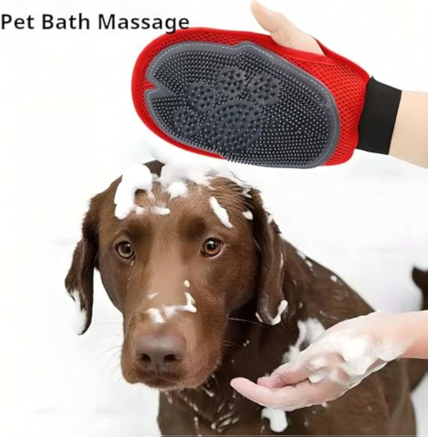 Pet bathing glove massaging a dog during bath time.