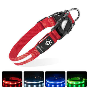 Pet collar with GPS locator slot, red nylon, adjustable size, reflective stitching, water-resistant, includes variety of light colors.