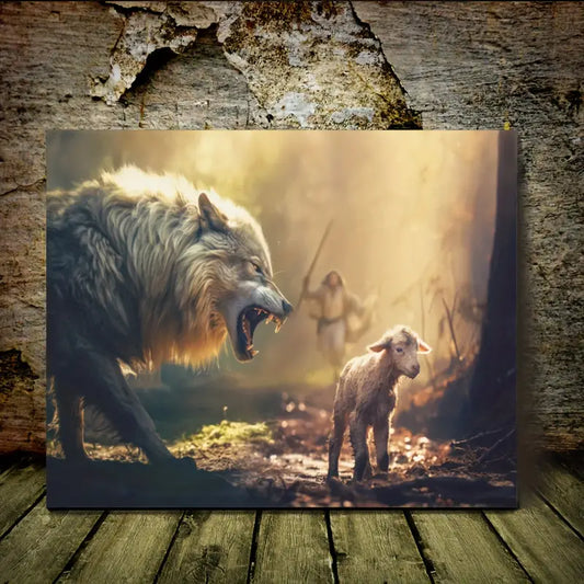 1pc Wooden Framed Canvas Painting, Running Towards Wolf And Lamb Wall Art Canvas, Christian Wall Art, Wall Art Prints With Frame, For Living Room & Bedroom, Home Decoration, Festival Gift For Her Him, Ready To Hang